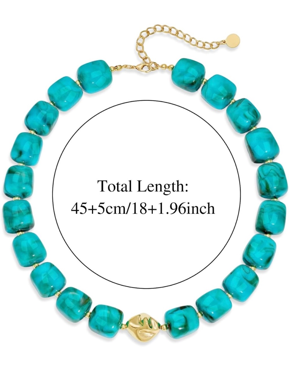 Statement Turquoise Color Marbled Bead Necklace with Gold Accent - Picture 2 of 5